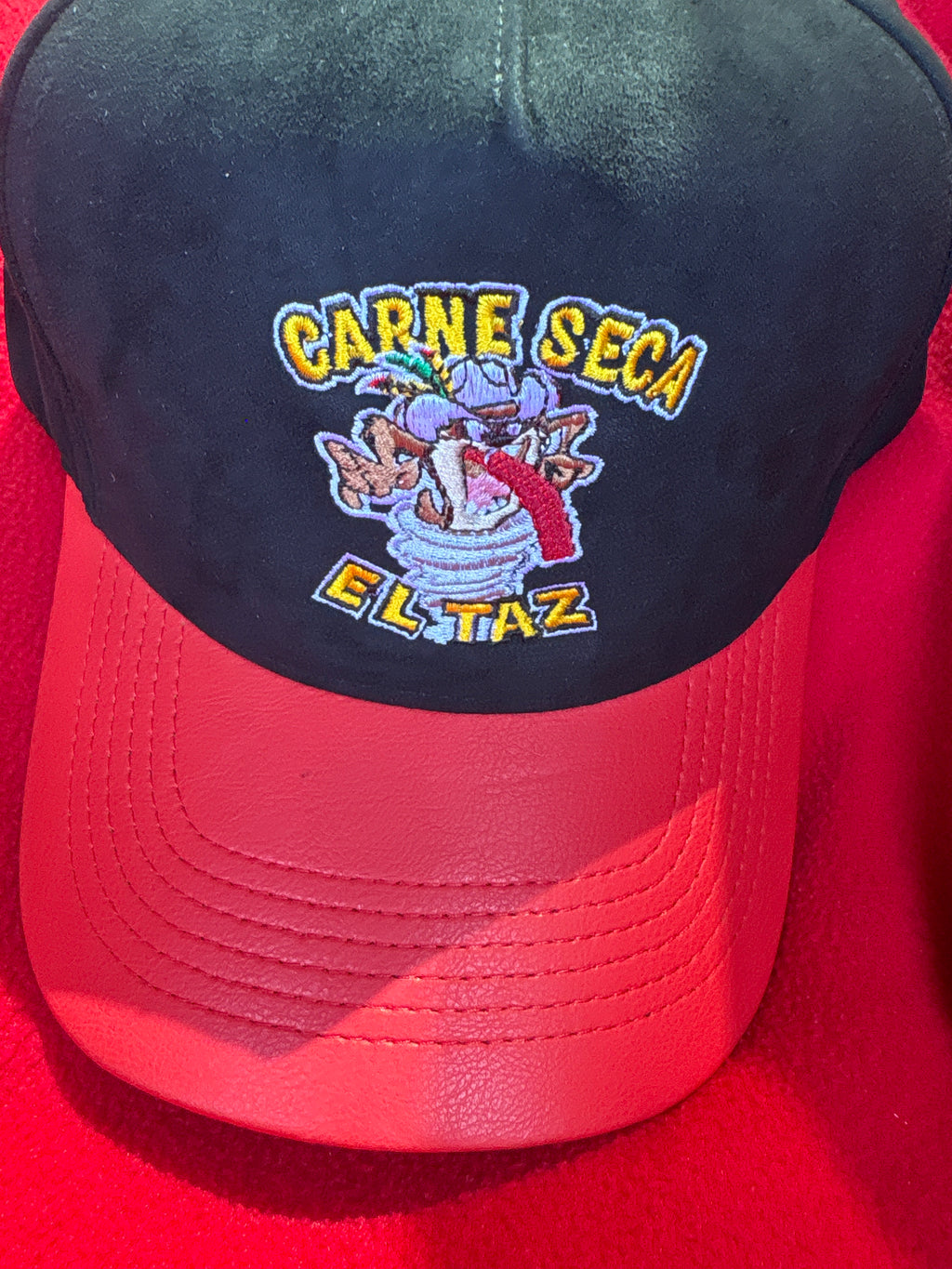 Suede with red leather